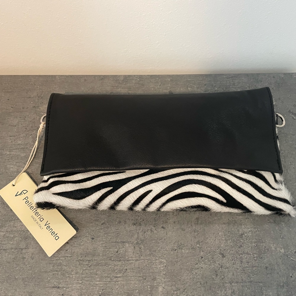 100% Genuine Leather Zebra Print Clutch/Crossbody Bag
